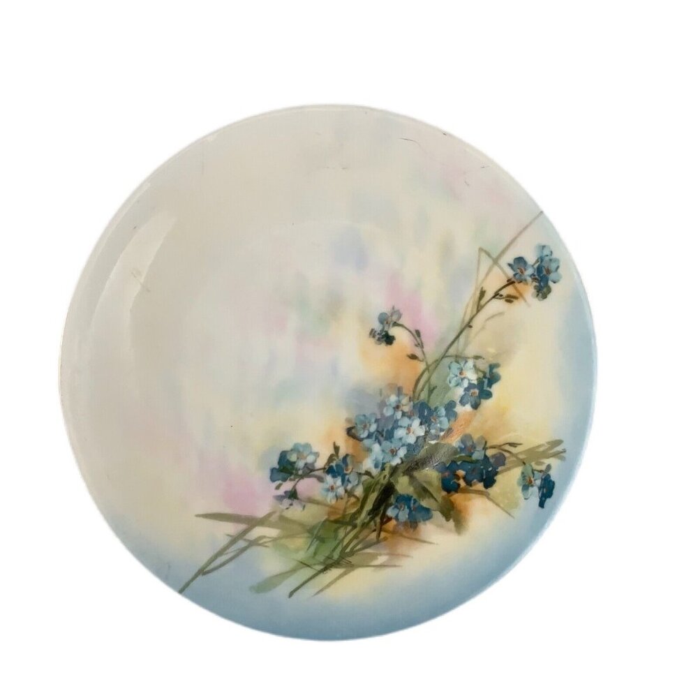 T & V Limoges signed Caines Studio Plate Hand Painted Forget-Me-Not Flowers